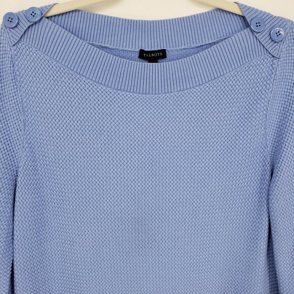 Talbots Basket Weave Knit Tunic Sweater L Bateau Boat Neck Anchor Buttons Blue - Picture 6 of 8